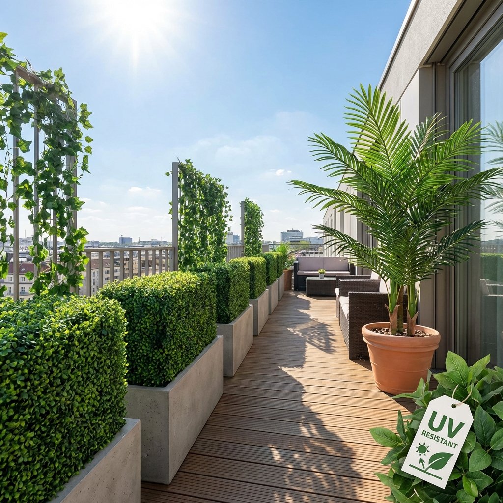 Balkon ve terasda UV korumalı yapay bitkiler