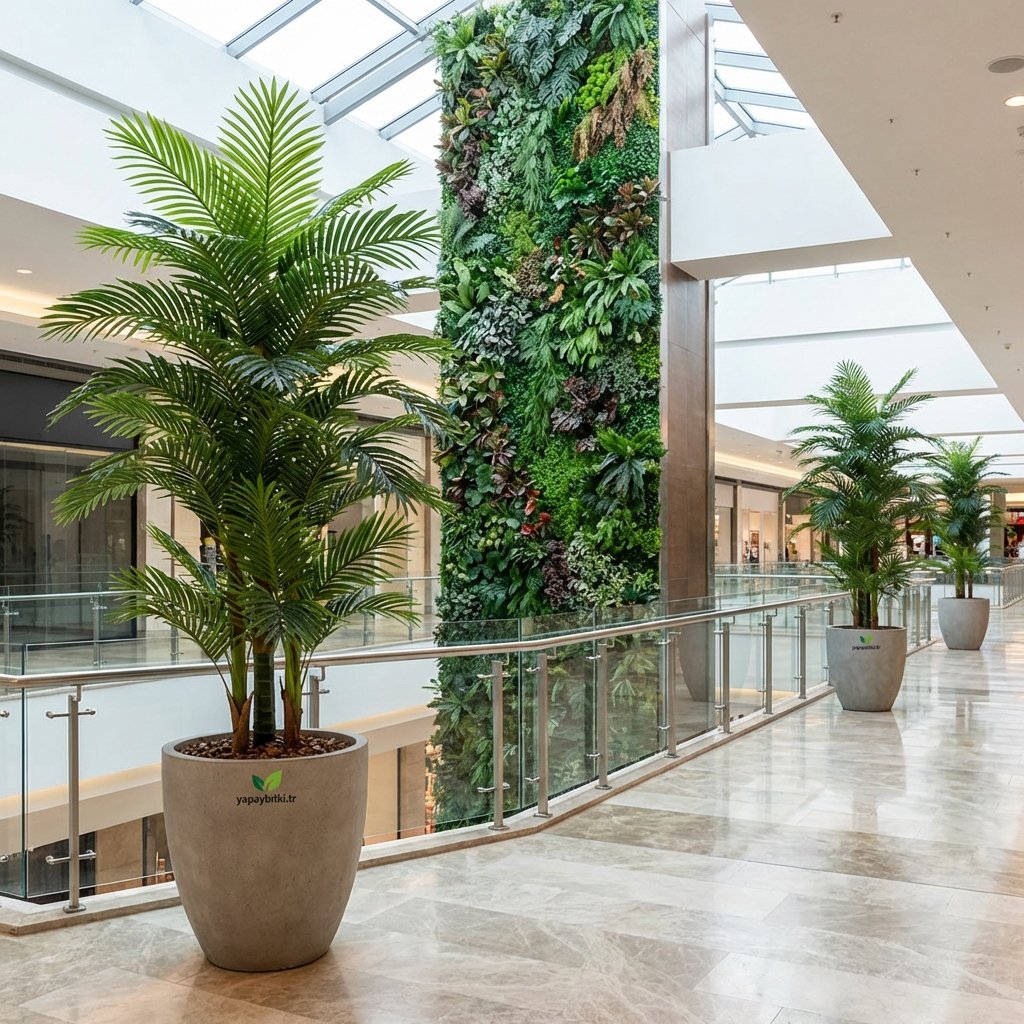 Alışveriş merkezinde yapay bitki düzenlemesi ve yeşil duvar