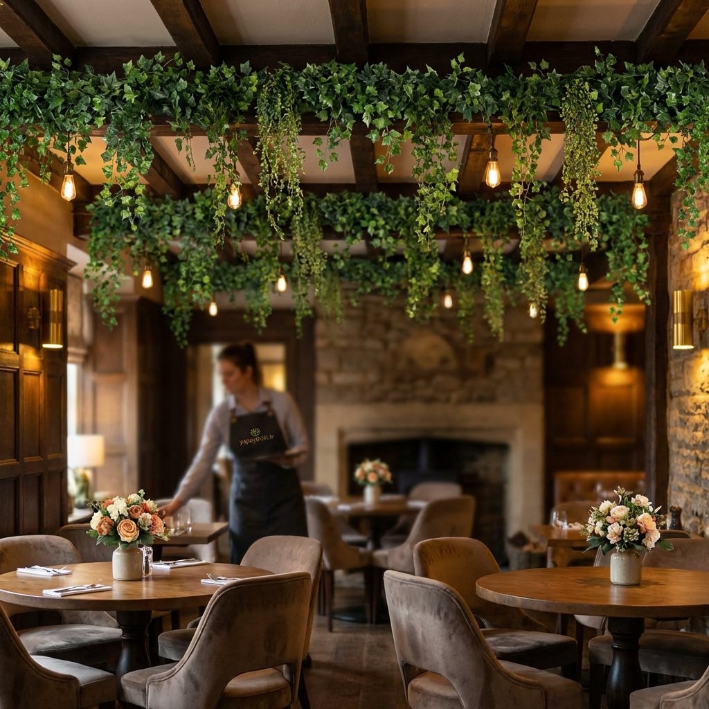 Restoran iç mekanında yapay sarmaşık ve bitki dekorasyonu