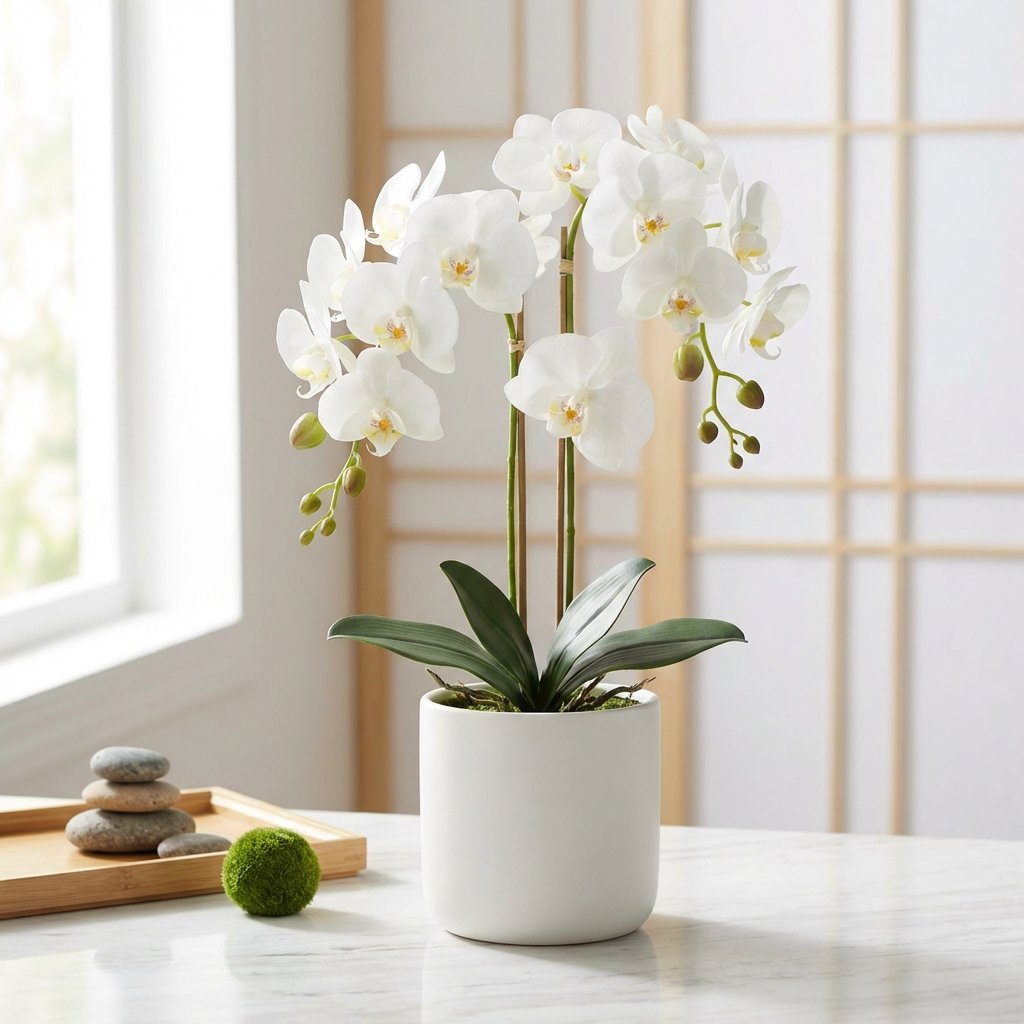 Beyaz yapay orkide saksılı